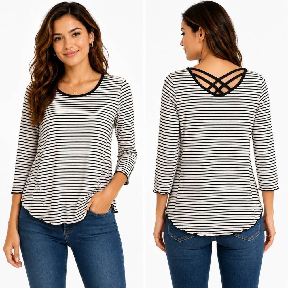 Daytrip Womens Medium Long Sleeve Top Black White Striped Criss-Cross Neck Stret